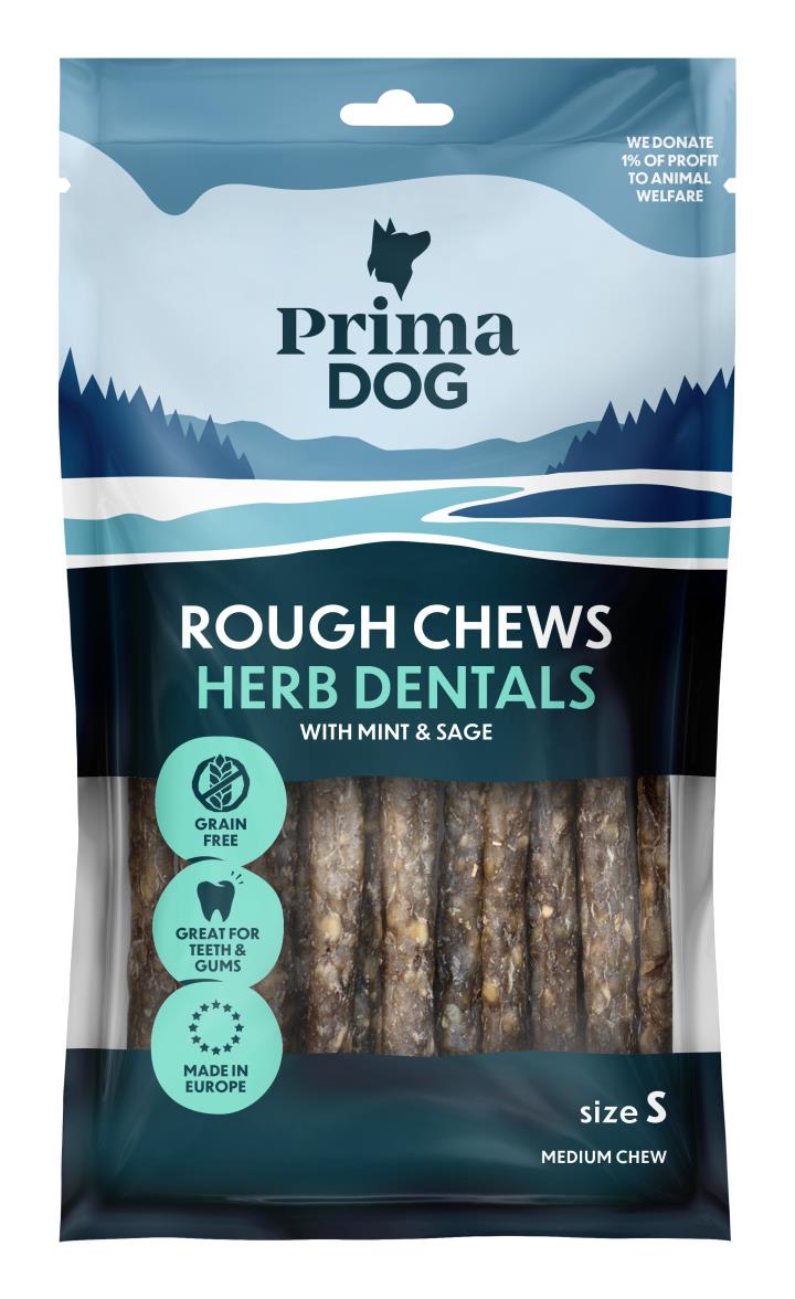 PrimaDog Rough Chews tandvårdstugg med örter S 100 g för hundar
