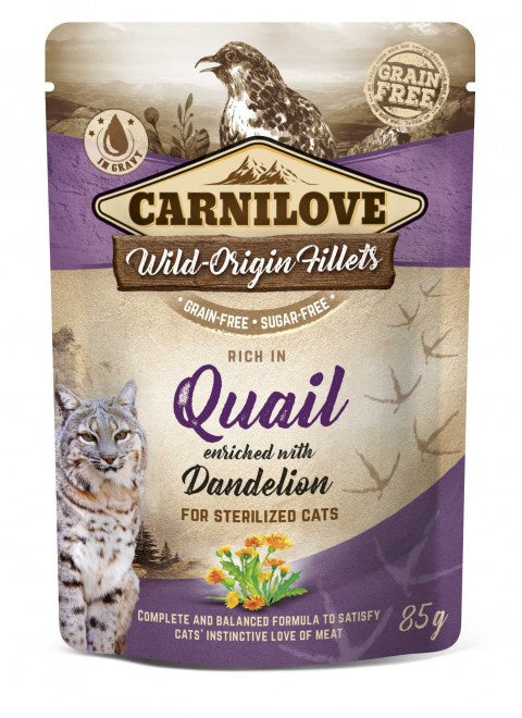 Carnilove Rich in Quail enriched with Dandelion vutiliha ja võilillega märgtoit steriliseeritud kassidele 24 x 85 g MULTIPAKK