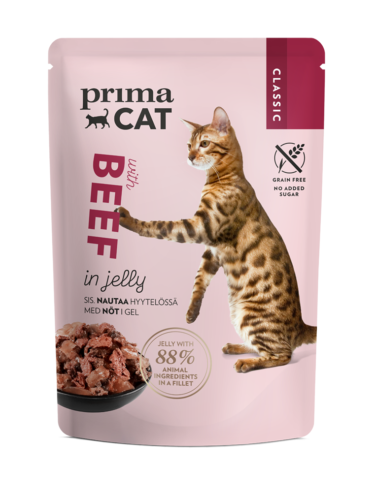 PrimaCat Classic Våtfoder med nötkött i gelé för katter 28 x 85 g