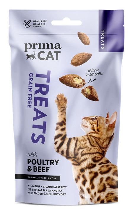 PrimaCat Treats Crunchy Skin & Coat naha ja karvkatte tervist toetav linnu- ja veiseliha maius kassidele 40 g