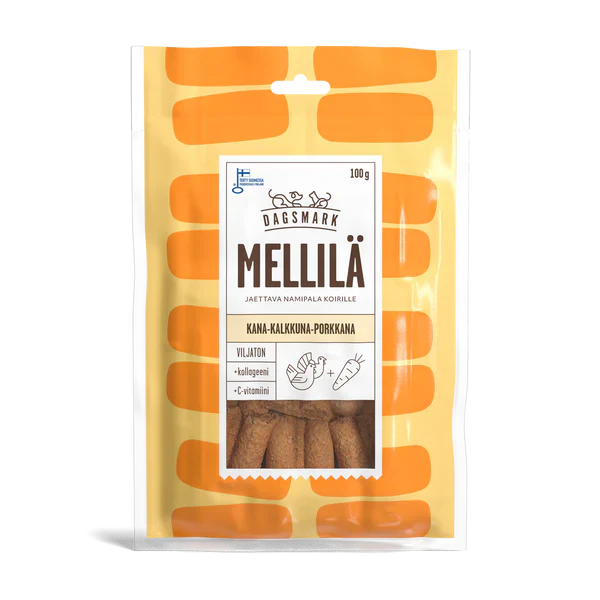 Dagsmark Mellilä kyckling-, kalkon- och morotsgodis 100 g för hundar