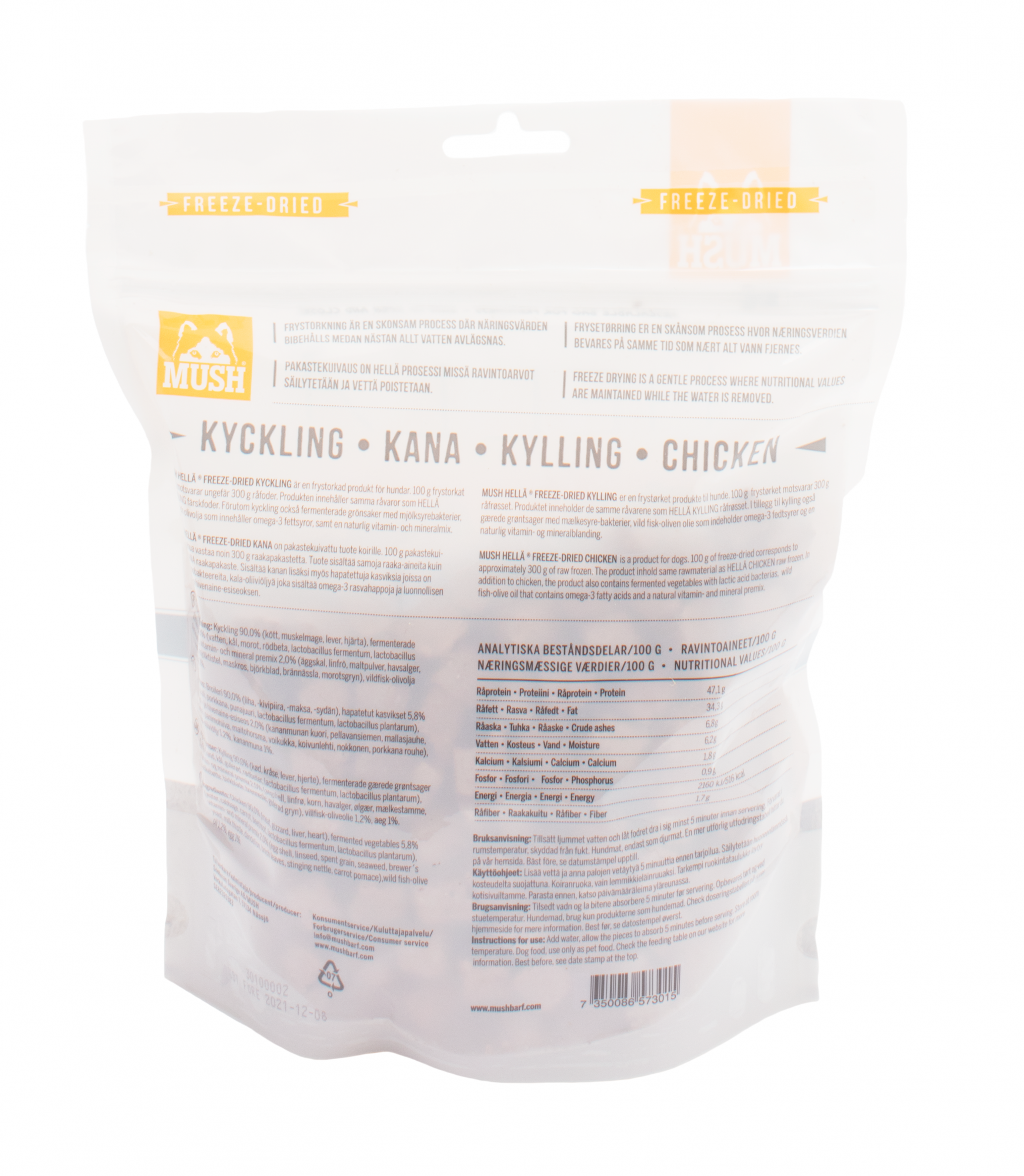 MUSH Hellä Frystorkad kyckling 250 g för hundar