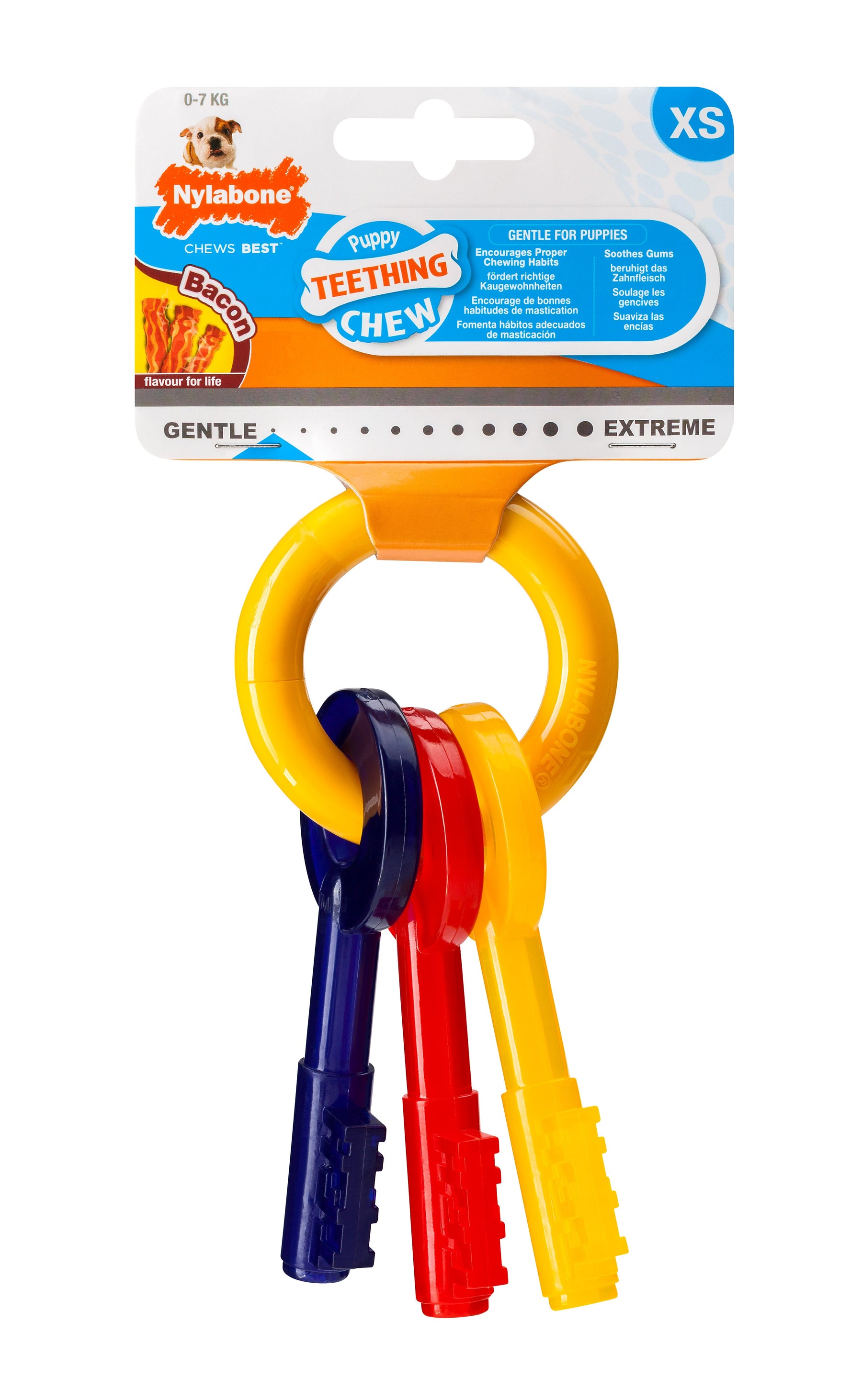 Nylabone Puppy Teething Keys tuggleksak bacon för valpar XS