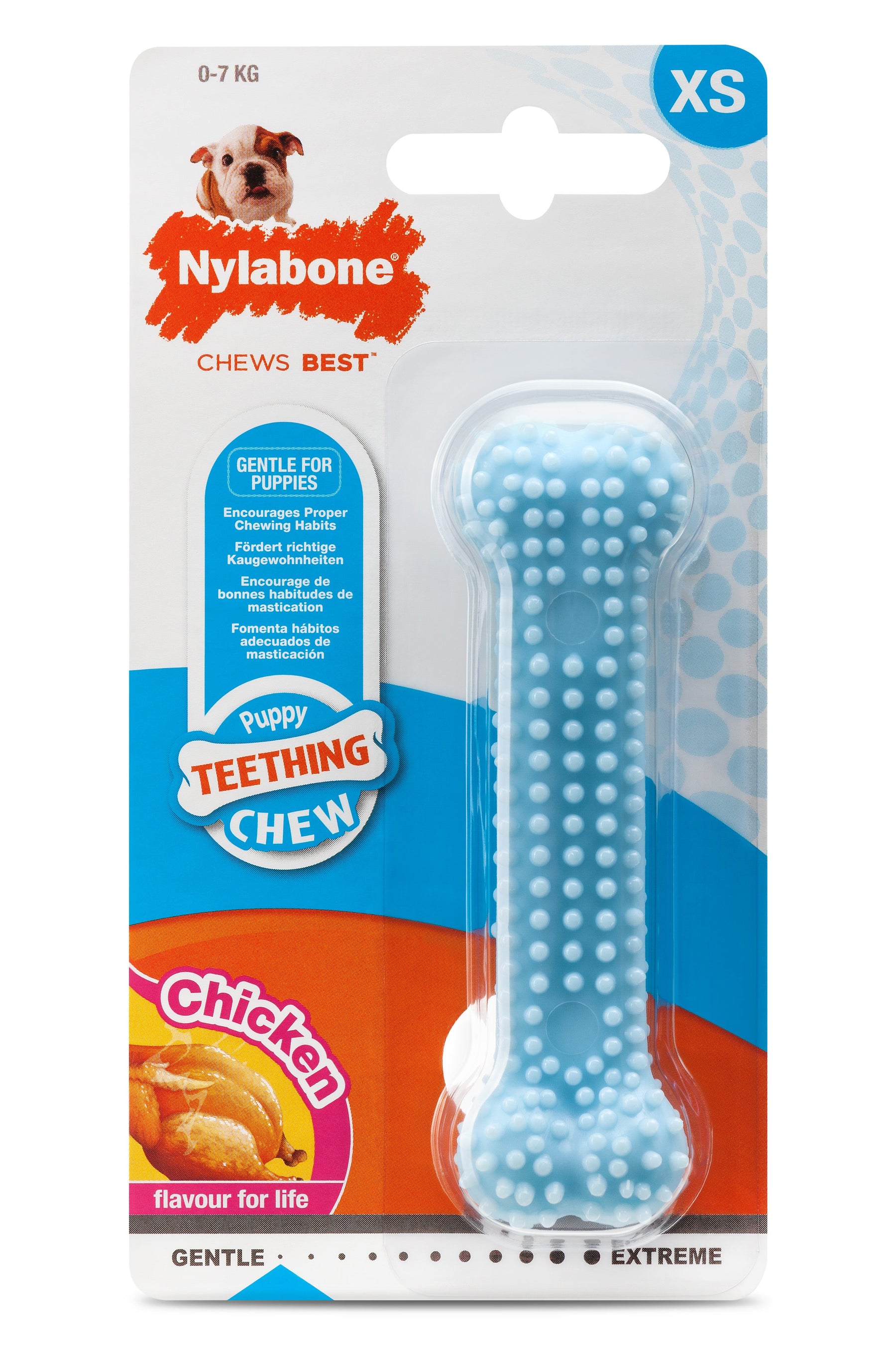 Nylabone Puppy Teething Dental tuggleksak kyckling blå XS för valpar