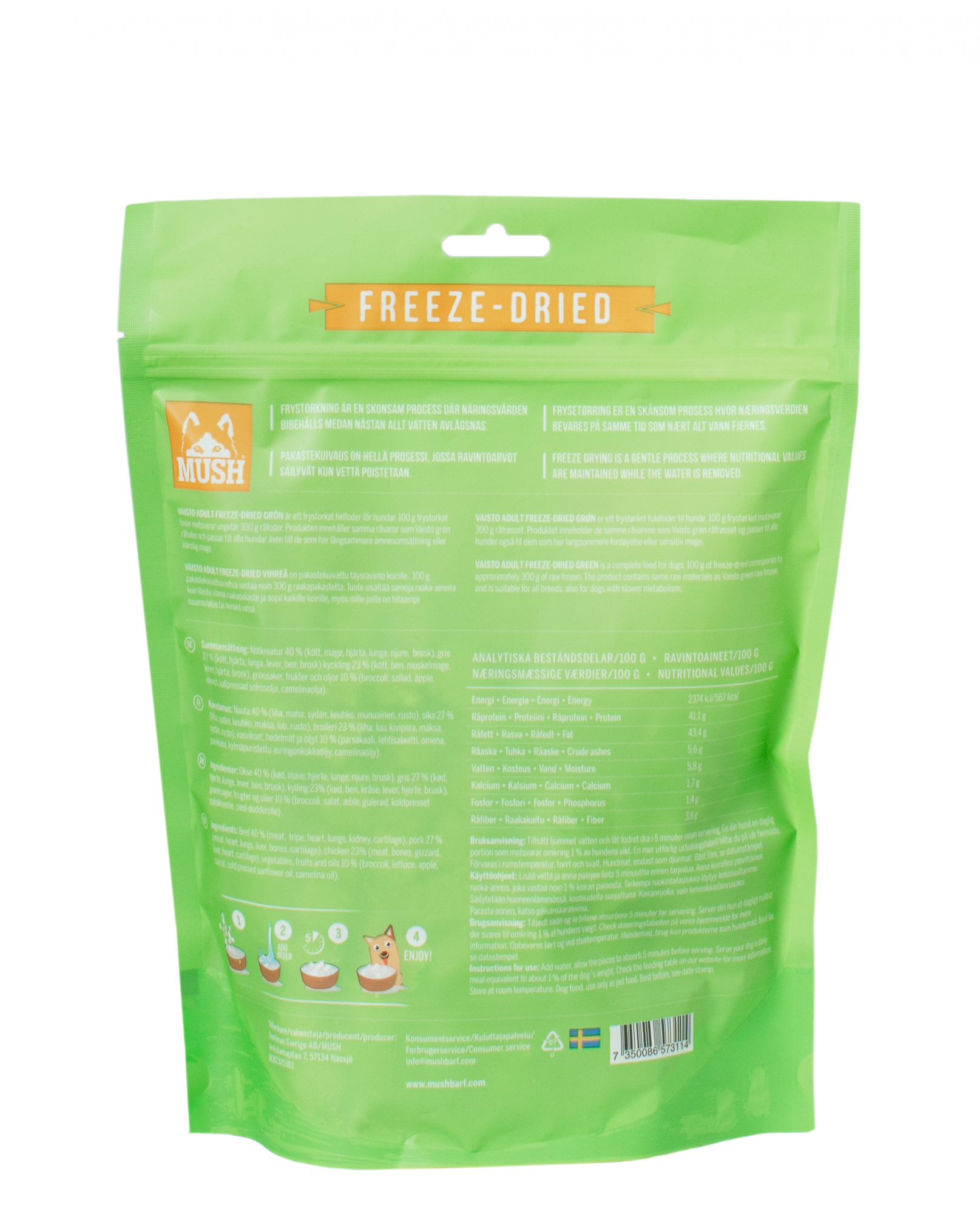 MUSH Vaisto grön frystorkad (nöt-gris-kyckling) 250 g för hundar