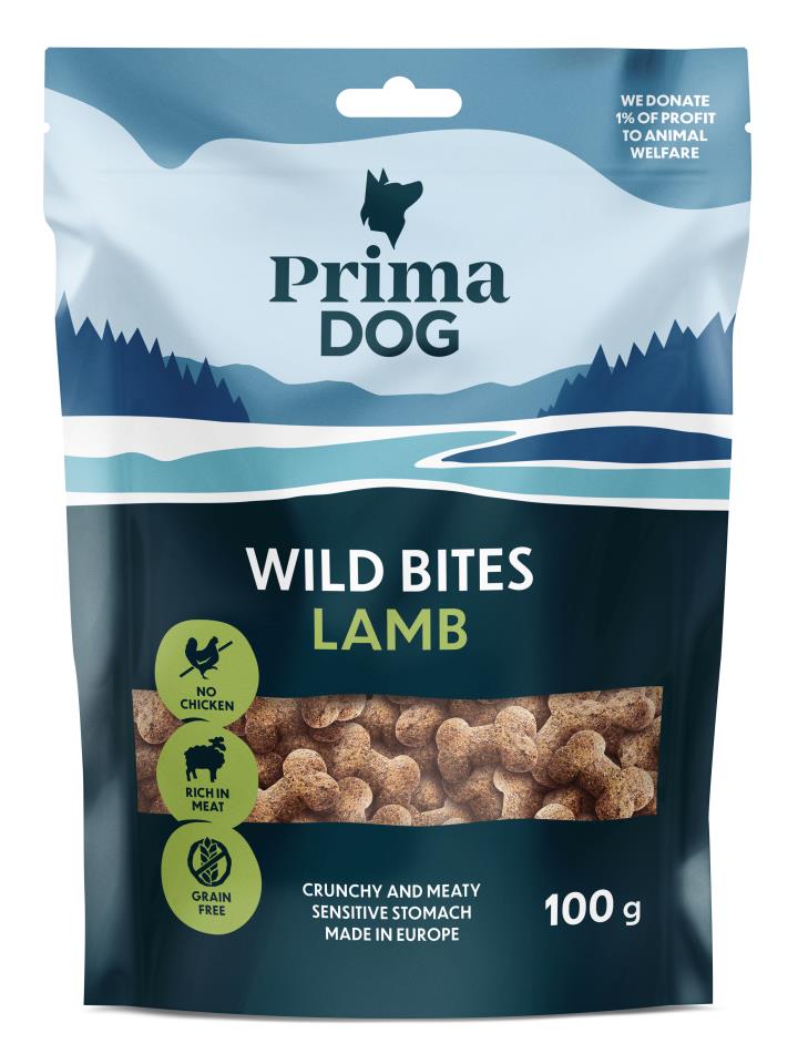 PrimaDog Wild Bites lamba ja astelpajuga teraviljavaba krõbe maius koertele 100 g