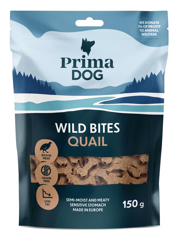 PrimaDog Wild Bites vutiliha ja viirpuumarjadega teraviljavaba treeningmaius koertele 150 g