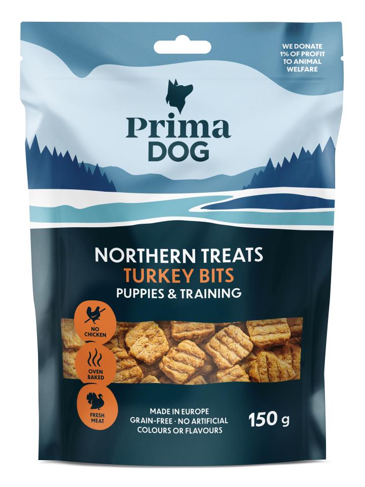 PrimaDog Northern Treats kalkonbitar för valpar och träning 150 g