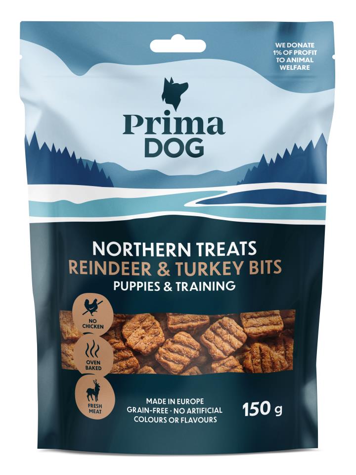 PrimaDog Northern Treats ren- och kalkonbitar för valpar och träning 150 g