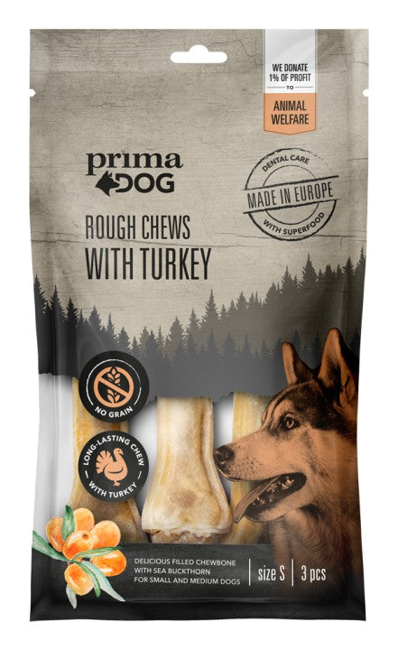 PrimaDog Rough Chews kalkon & havtorn S (3 st) för hundar