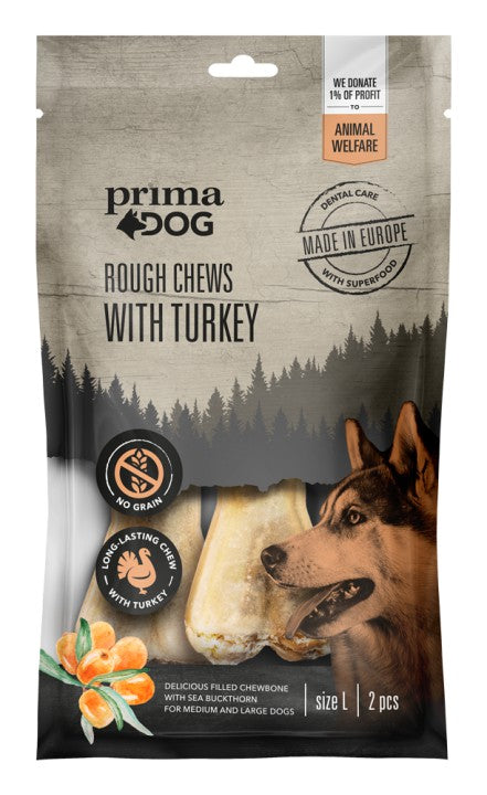 PrimaDog Rough Chews kalkon & havtorn L (2 st) för hundar