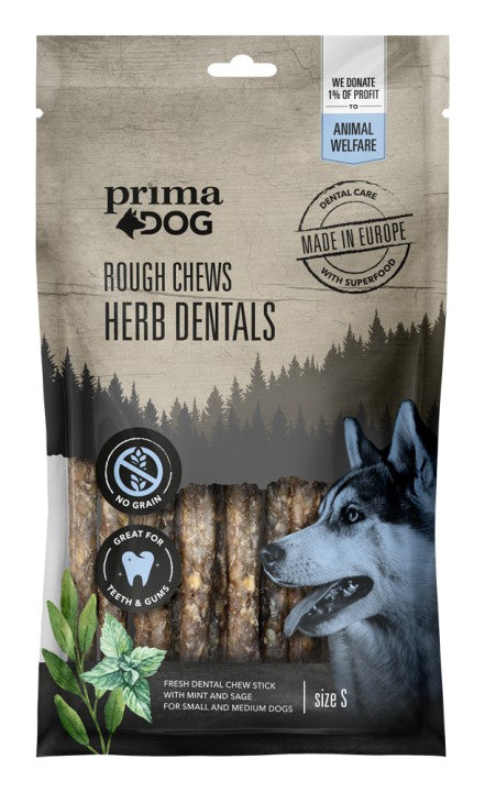 PrimaDog Rough Chews tandvårdstugg med örter S 100 g för hundar