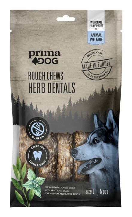 PrimaDog Rough Chews tandvårdstugg med örter L 175 g för hundar