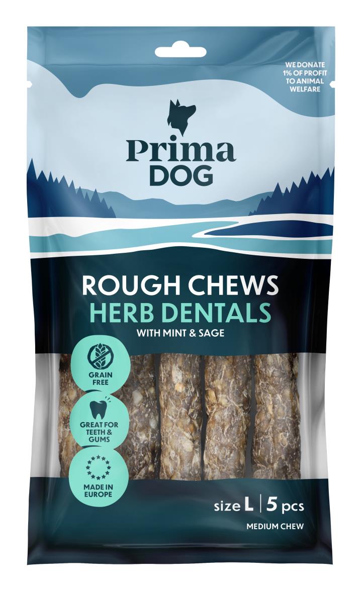 PrimaDog Rough Chews tandvårdstugg med örter L 175 g för hundar