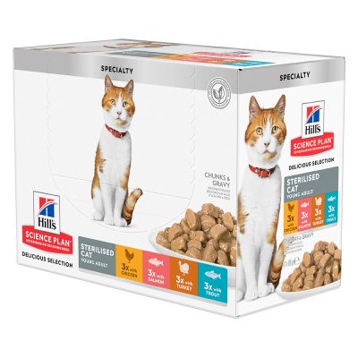 Hill's Science Plan Adult Sterilised våtfoder Multipack för katter med kyckling, lax, forell & kalkon 12 x 85 g