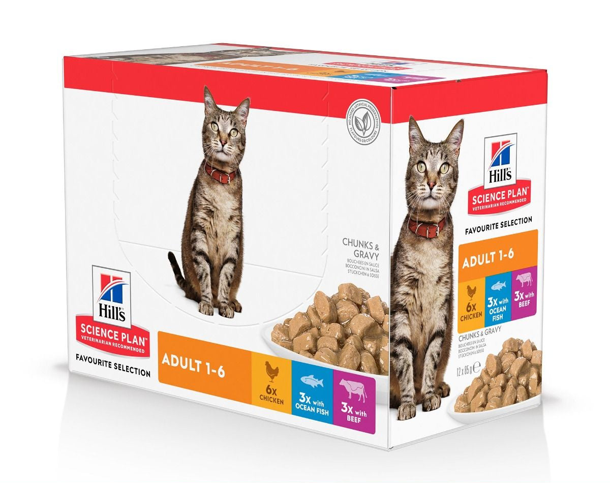 Hill's Science Plan Adult våtfoder Multipack med kyckling, nötkött & havsfisk för katter 12 x 85 g