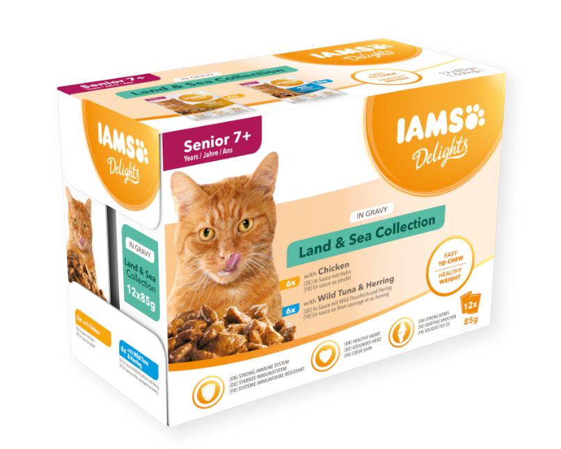 Iams Feline Delights Senior Land & Sea Collection i Sås 12 x 85 g för katter