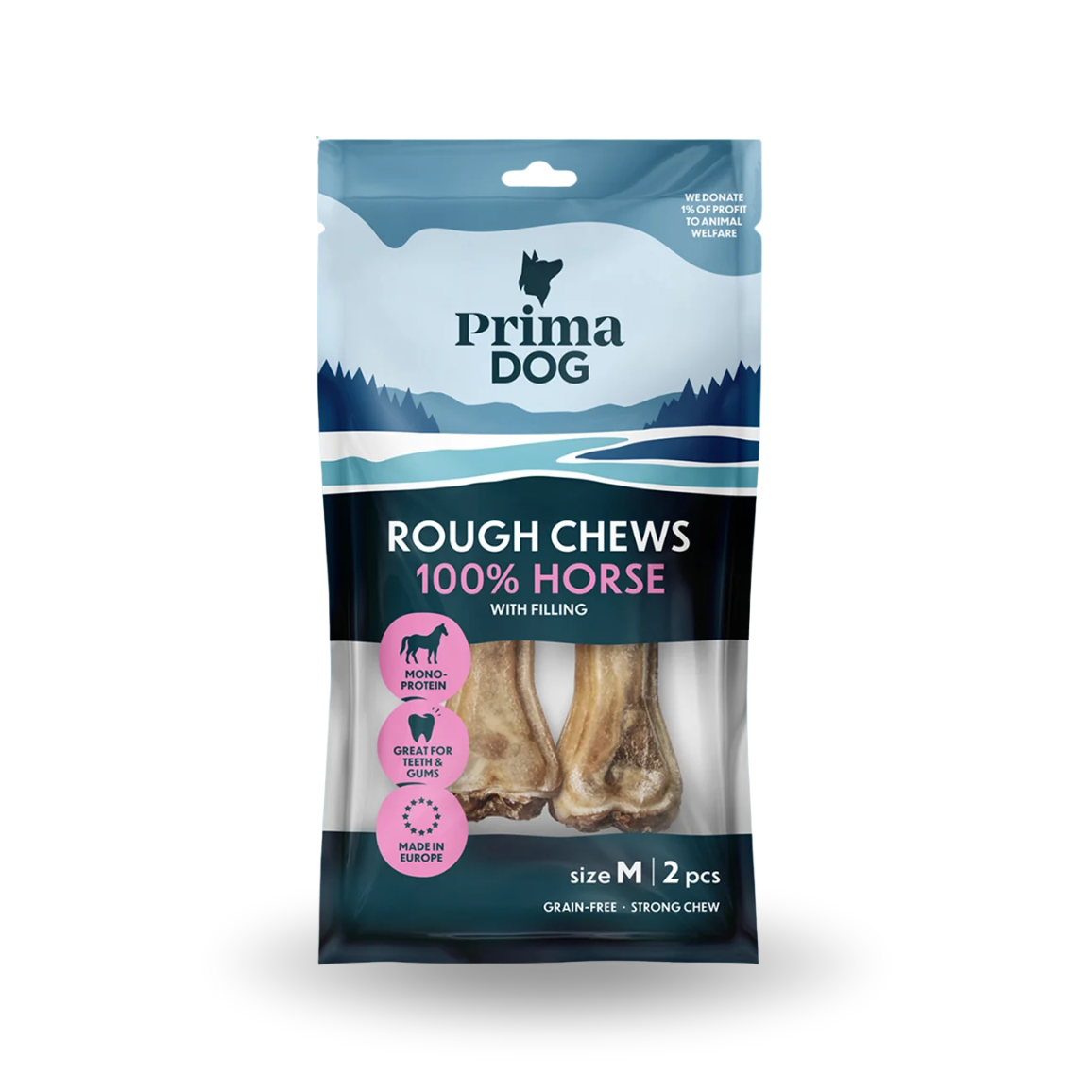 PrimaDog Rough Chews Tuggben Fyllt Med Häst M 12 cm 2 st