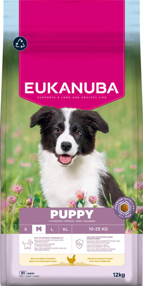 Eukanuba Puppy Medium Breed Chicken kanalihaga kasvu toetav kuivtoit keskmist tõugu kutsikatele
