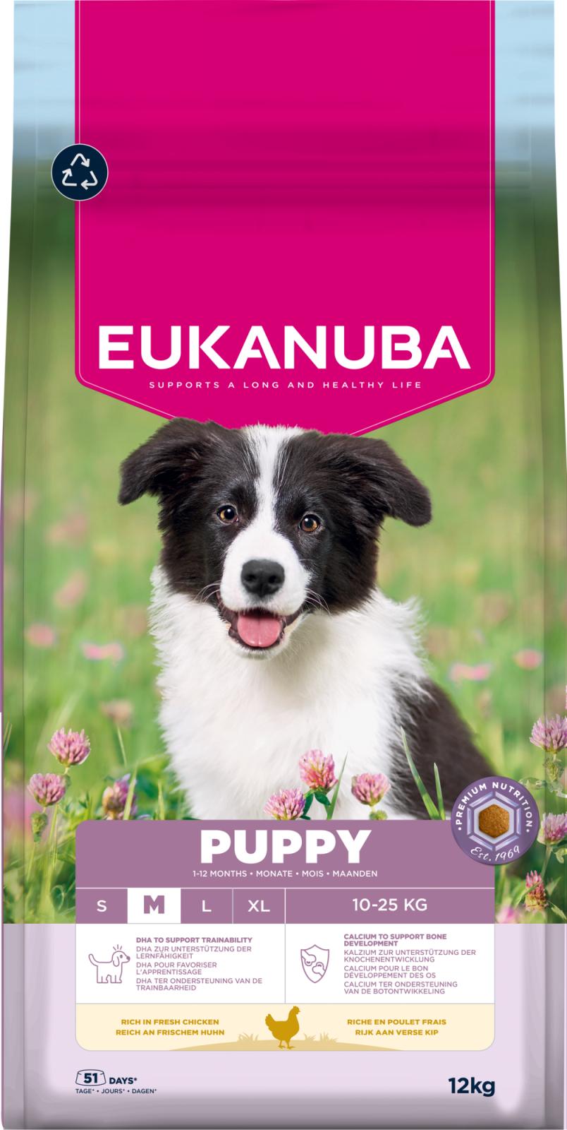 Eukanuba Puppy Medium Breed Chicken kanalihaga kasvu toetav kuivtoit keskmist tõugu kutsikatele
