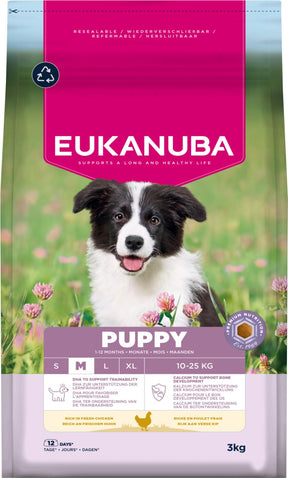 Eukanuba Puppy Medium Breed Chicken kanalihaga kasvu toetav kuivtoit keskmist tõugu kutsikatele