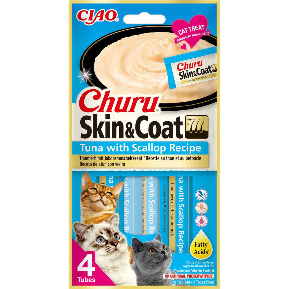 Churu Skin & Coat Tonfisk & Kammussla krämigt godis för katter 4 x 14 g