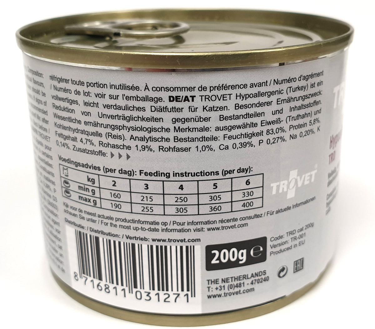 Trovet TRD Hypoallergenic Turkey-Rice for cats 6 x 200 g
