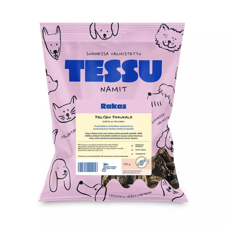 Tessu Rakas Pielinen kuivatatud väikesed kalad maius koertele ja kassidele 100 g