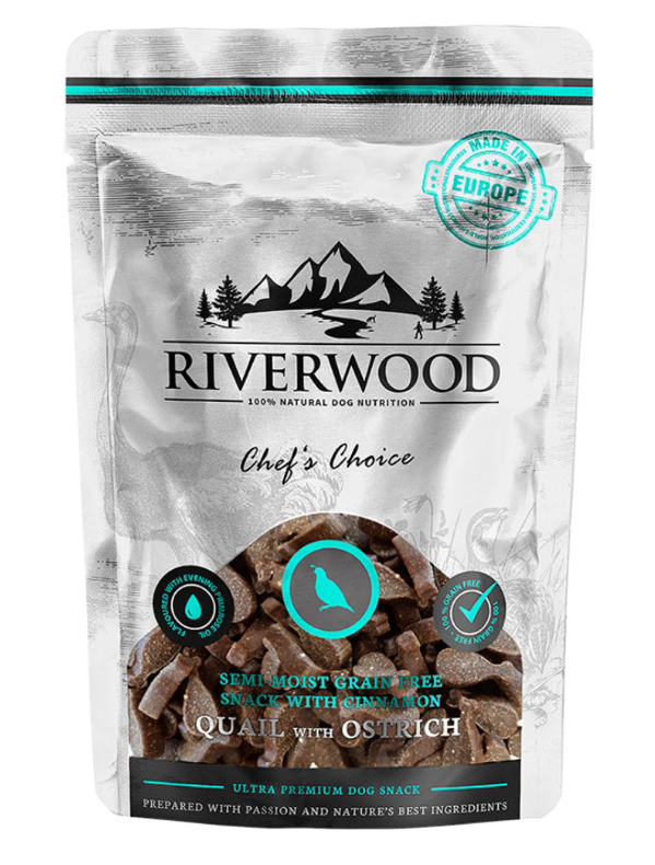 Riverwood semi-blöt spannmålsfri vaktel & strutsgodis 200 g
